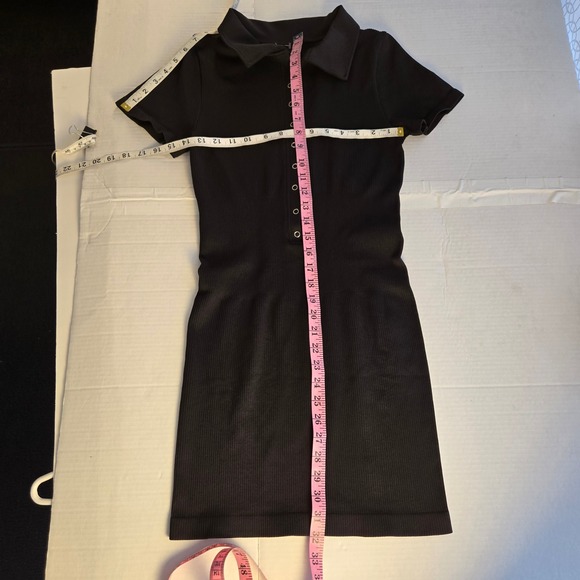 OQQ Black Ribbed Knit Polo Dress Short Sleeve Bodycon Snap Mini Casual Women Lrg - Picture 7 of 8